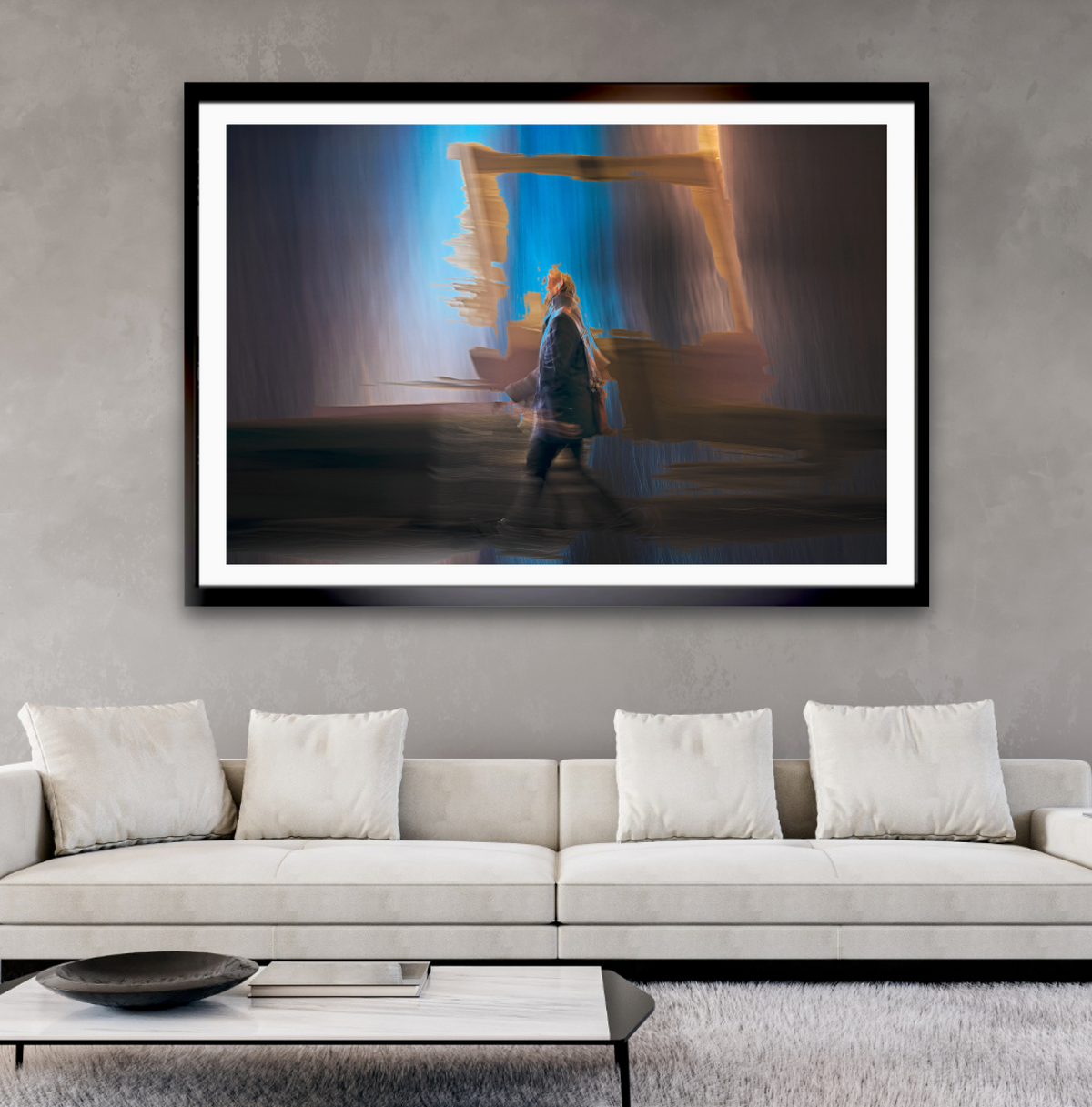 Between Light and Motion a man walking through Oslo city streets at night — ICM photography cycling wall art print by Douglas Carr at Oslo Art Prints
