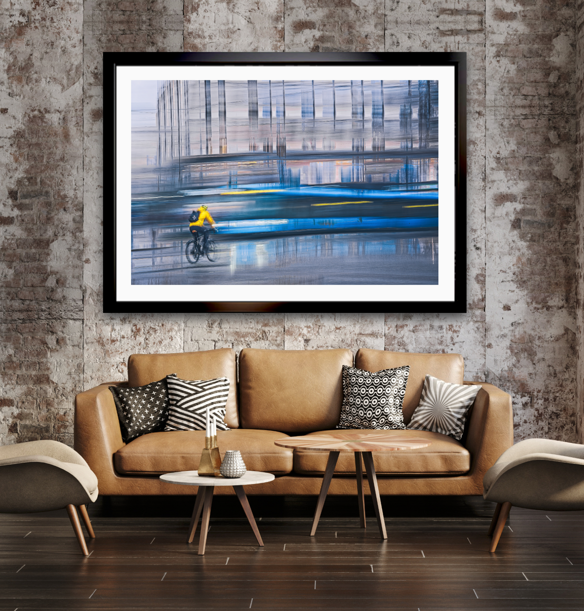 Cadence in Blue, a cyclist riding through Oslo city streets — ICM photography cycling wall art print by Douglas Carr at Oslo Art Prints
