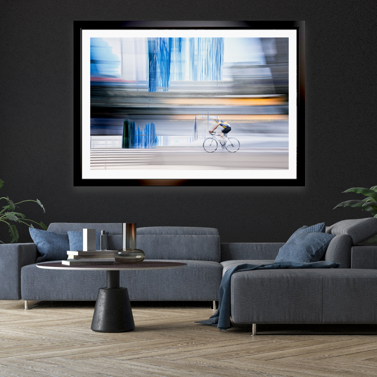 Linear Escape, a cyclist riding through Oslo city streets — ICM photography cycling wall art print by Douglas Carr at Oslo Art Prints