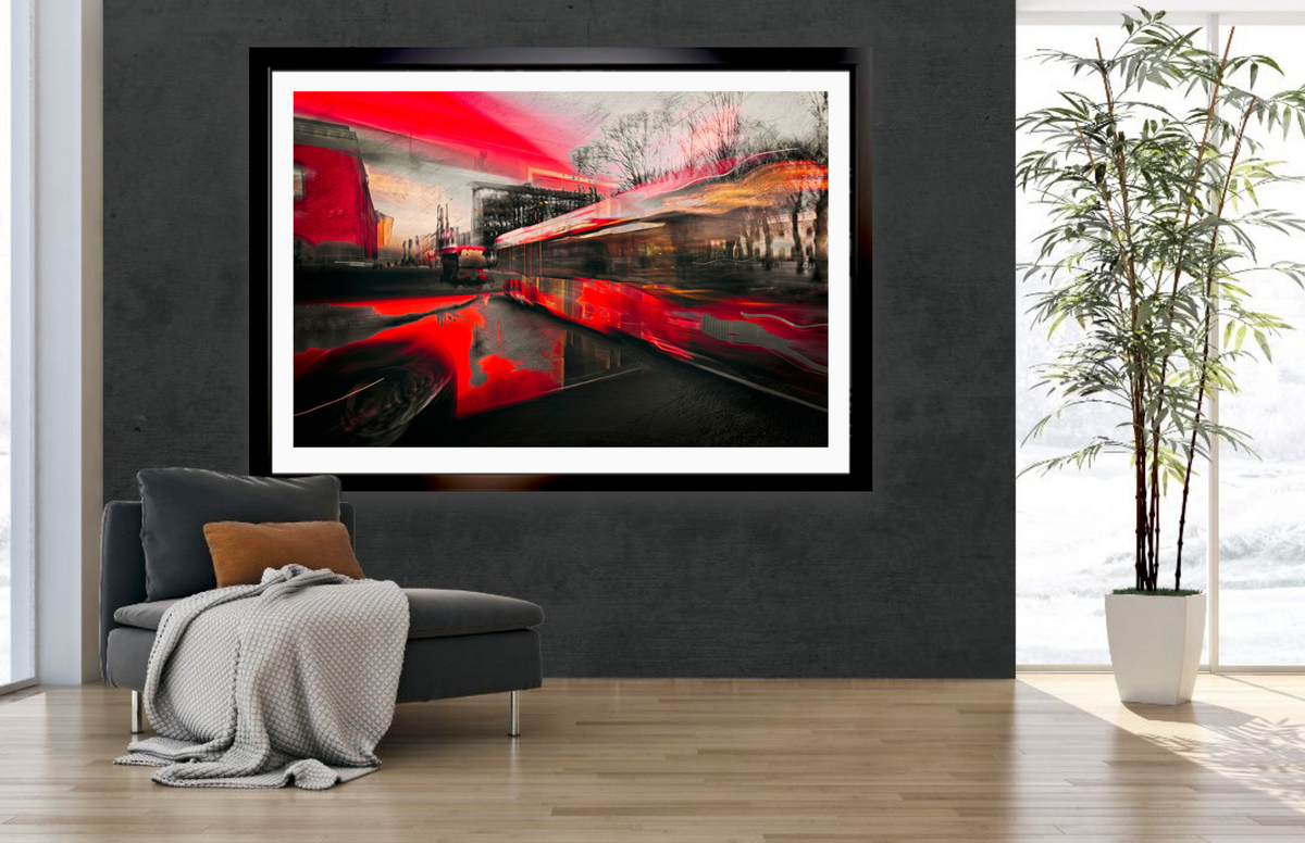 Velocity Red an red Oslo city bus in motion through the city — ICM photography tram wall art print by Douglas Carr at Oslo Art Prints