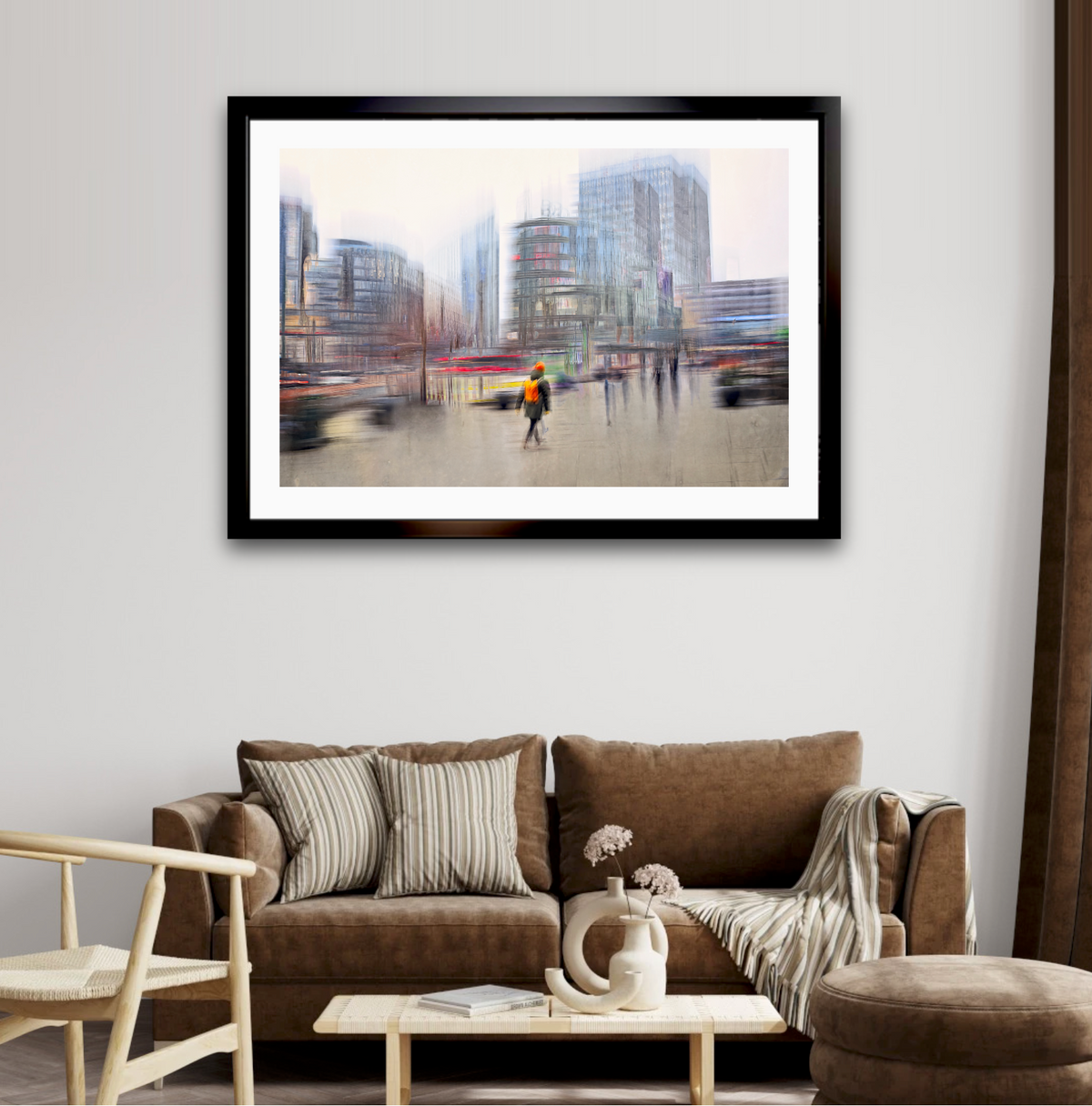 Carrying Silence a person walking through Oslo city streets towards Oslo S with a orange backpack — ICM photography cycling wall art print by Douglas Carr at Oslo Art Prints