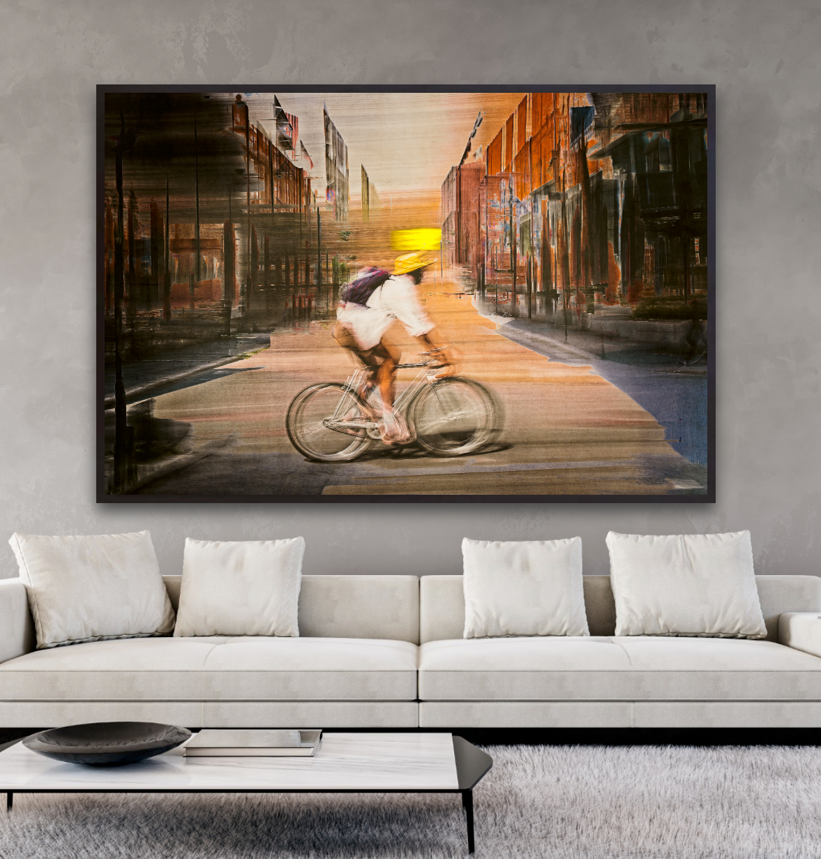 Solar Eclipse, a cyclist riding through Oslo city streets — photography cycling wall art print by Douglas Carr