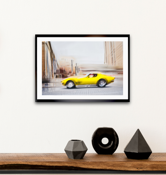 Automotive yellow vintage Corvette wall art print of a American Chevy Corvette - wall art prints art by Douglas Carr Photography