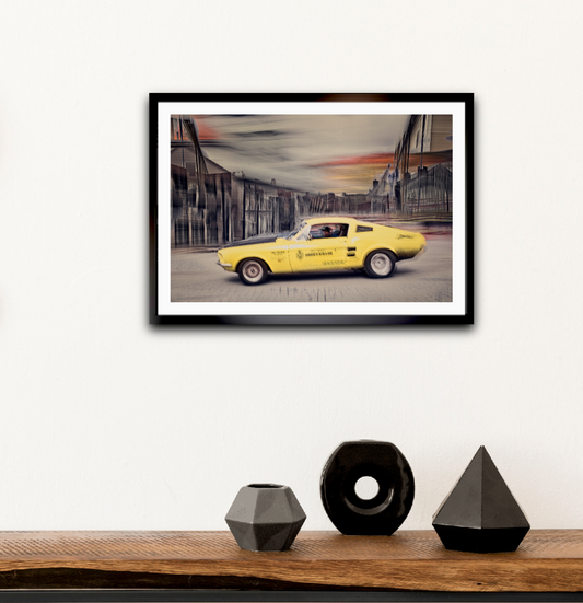 A vintage yellow American automotive Ford Mustang classic car fine art photography wall art prints art by Douglas Carr