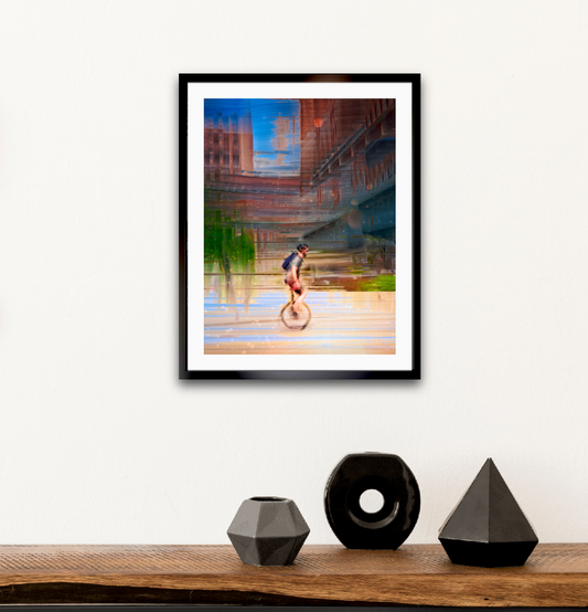 Circus Life person cycling on a unicycle past Oslo Rådhus Oslo city on there daily commute — ICM photography cycling wall art print by Douglas Carr at Oslo Art Prints. Free worldwide shipping.
