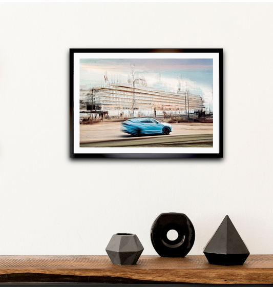 Automotive Limited Edition wall art print of Lamborghini Urus classic sports car and a cruise ship in Oslo harbour by Douglas Carr Photography at Oslo Art Prints