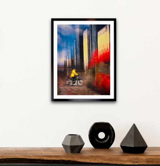 Kinetic in Code, a cyclist riding through Oslo city streets — ICM photography cycling wall art print by Douglas Carr at Oslo Art Prints