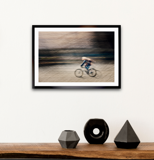 Veil of Speed a cyclist riding through Oslo city streets — ICM photography cycling wall art print by Douglas Carr at Oslo Art Prints