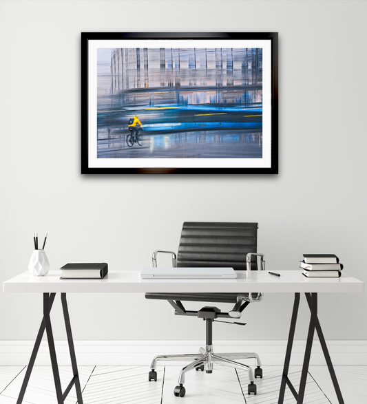 Cadence in Blue, a cyclist riding through Oslo city streets — ICM photography cycling wall art print by Douglas Carr at Oslo Art Prints