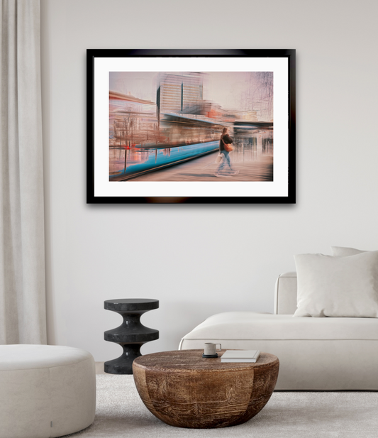 Silenced Passing a person walking through Oslo city streets snd a passing tram— ICM photography cycling wall art print by Douglas Carr at Oslo Art Prints