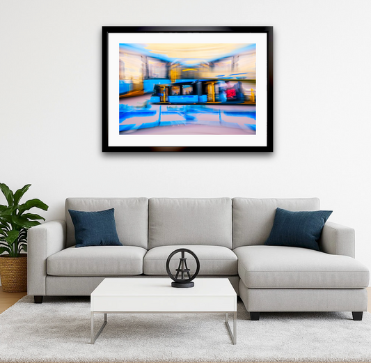 Blue Velocity an blue Oslo city tram in motion through the city — ICM photography tram wall art print by Douglas Carr at Oslo Art Prints