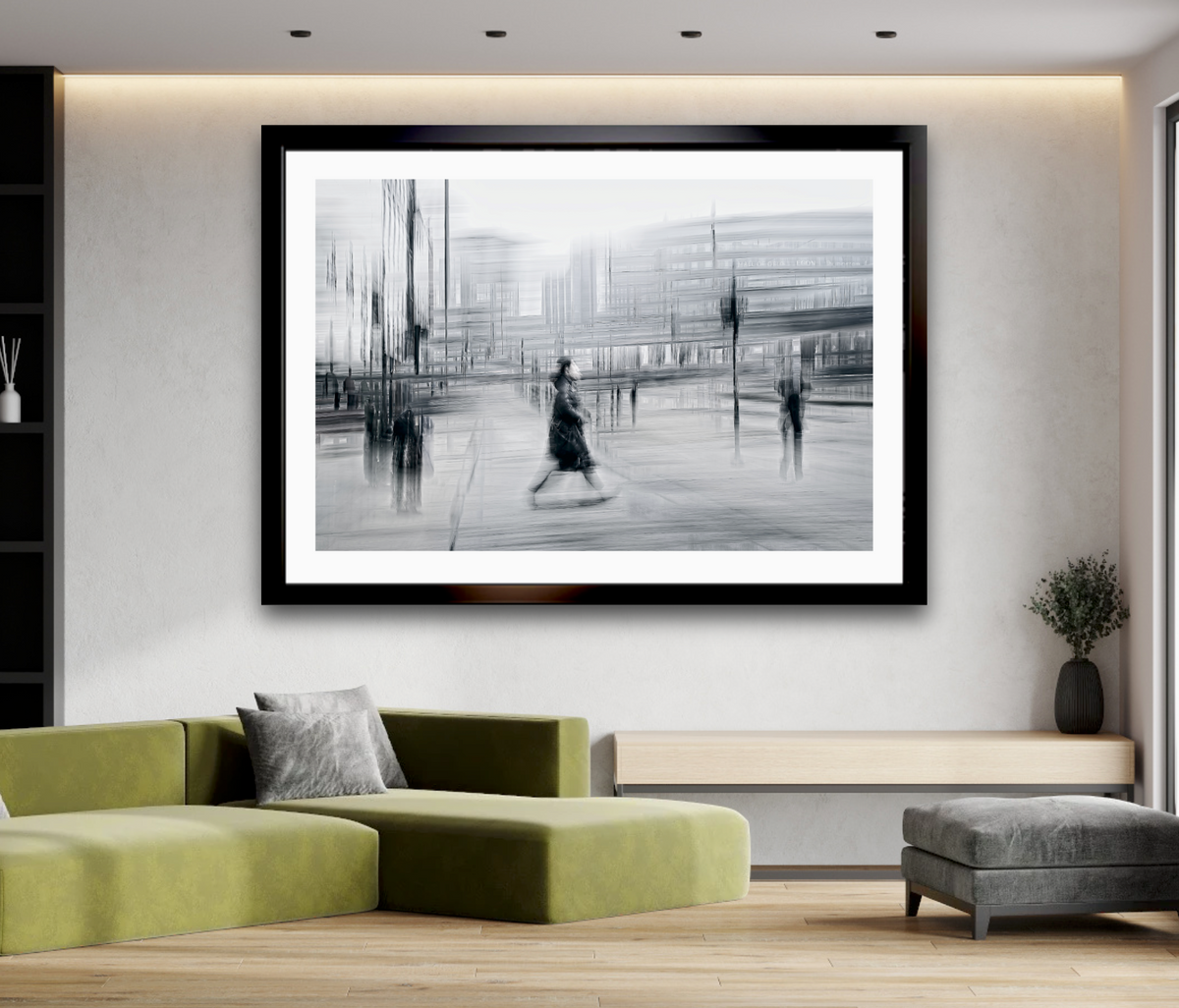 Blurred Intentions a person walking down Karl Johan in Oslo city towards Oslo train station  — Black & White ICM photography cycling wall art print by Douglas Carr at Oslo Art Prints