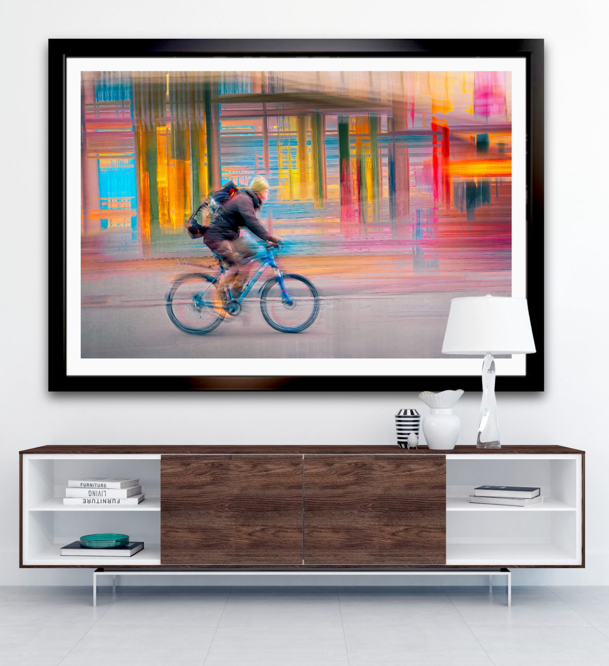 Candy Rush a cyclist riding through Oslo city streets — ICM photography cycling wall art print by Douglas Carr at Oslo Art Prints
