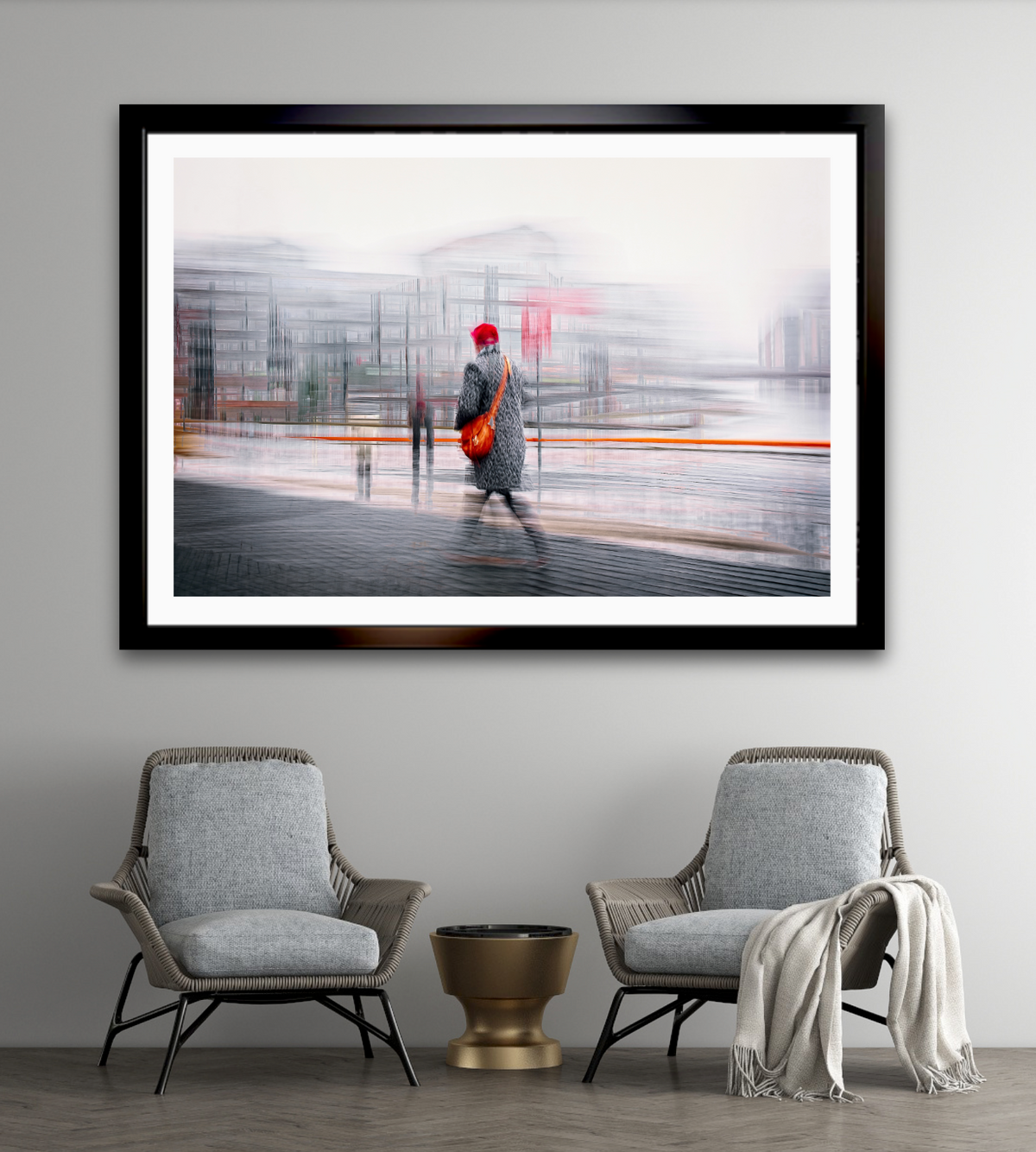 Crimson Passage a man walking through Oslo Bjørvika — ICM photography cycling wall art print by Douglas Carr at Oslo Art Prints