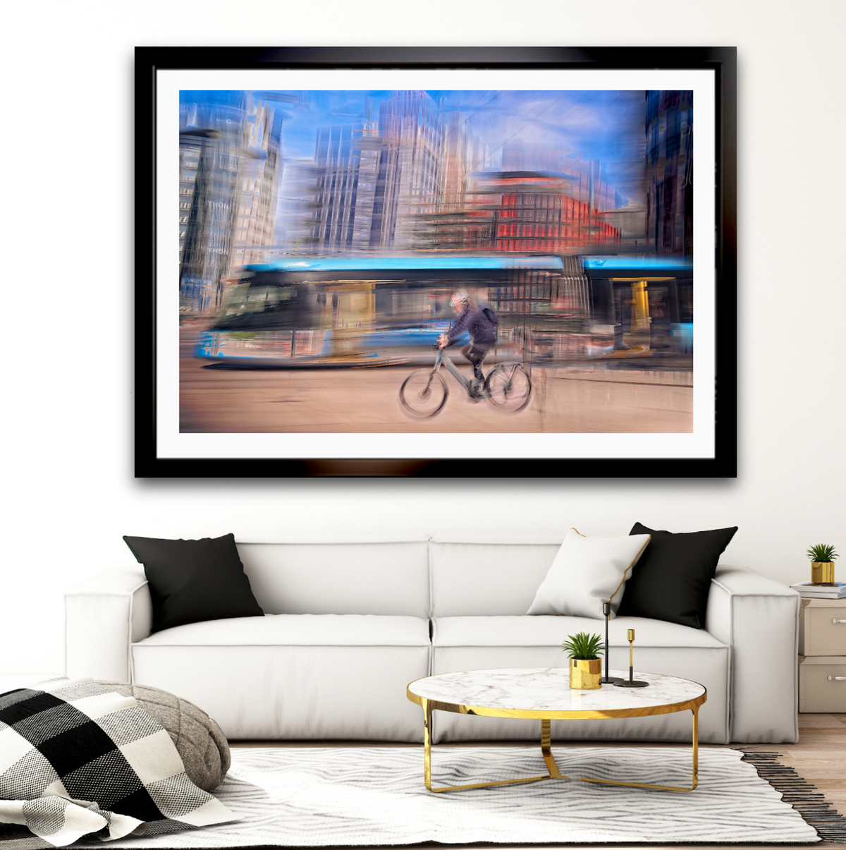 Downtown Deadline, a cyclist racing a tram through Oslo city streets — ICM photography cycling wall art print by Douglas Carr at Oslo Art Prints