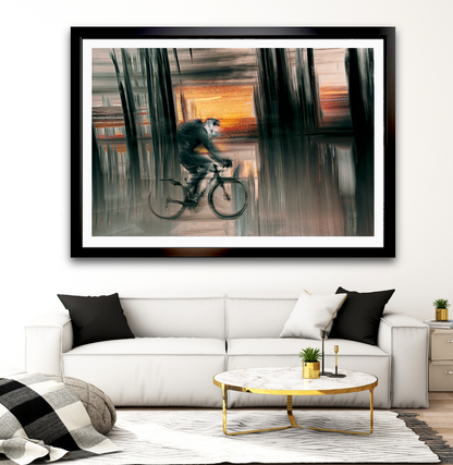 Eclipse of Motion a cyclist riding through Oslo city streets — ICM photography cycling wall art print by Douglas Carr at Oslo Art Prints