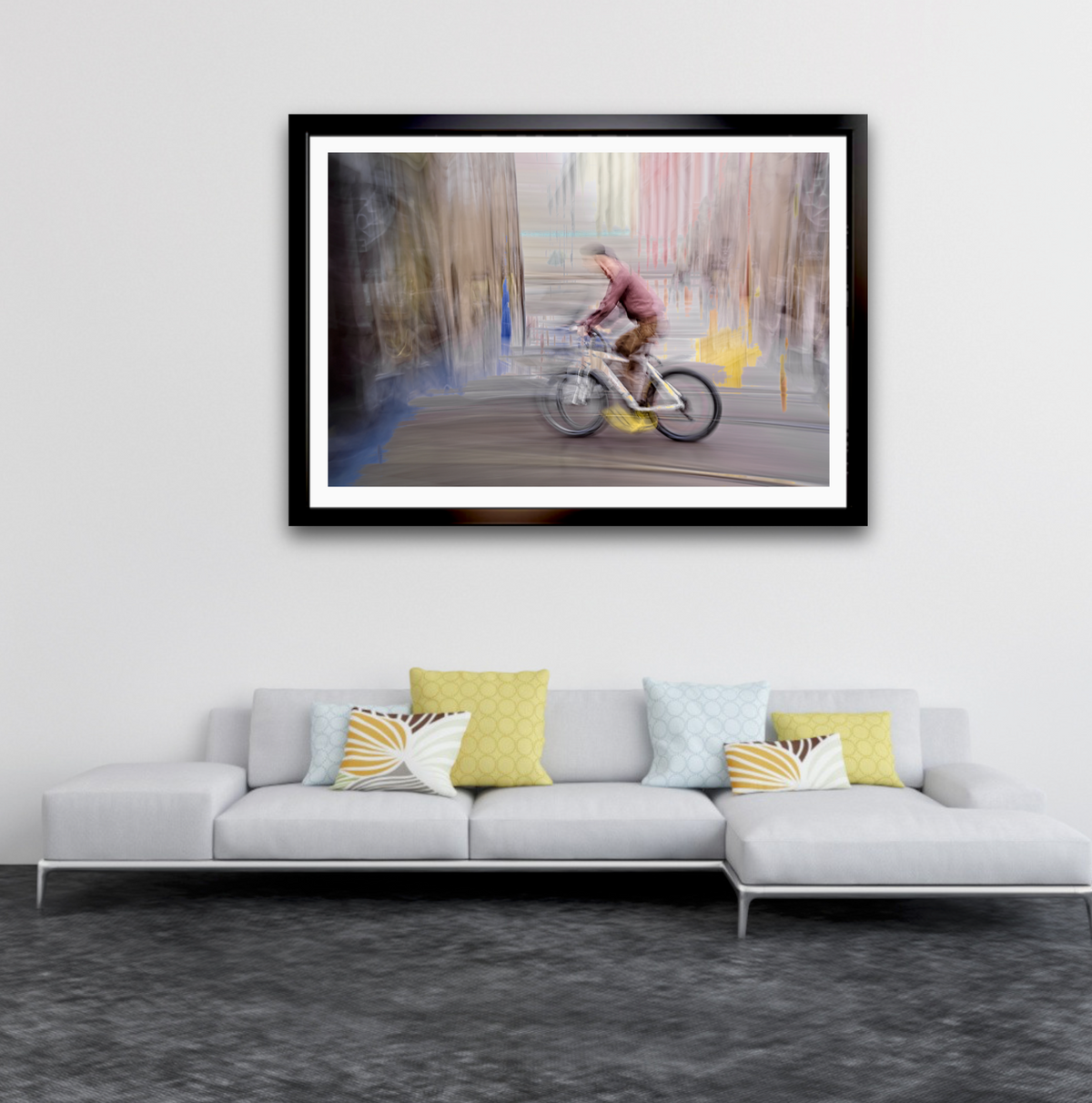 Impression of Passing, a cyclist riding through Oslo city streets — ICM photography cycling wall art print by Douglas Carr at Oslo Art Prints