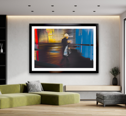 In Conversation a woman walking through Oslo city streets at night while talking on her phone — ICM photography cycling wall art print by Douglas Carr at Oslo Art Prints