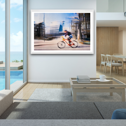 Passing Munch, a cyclist riding through Oslo city streets — ICM photography cycling wall art print by Douglas Carr at Oslo Art Prints