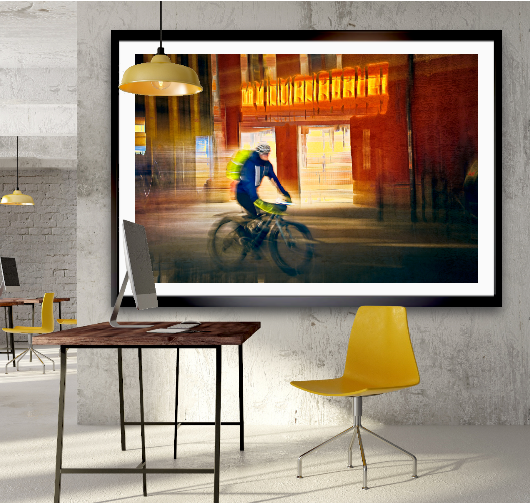 Passing Neon, a cyclist riding through Oslo city streets — ICM photography cycling wall art print by Douglas Carr at Oslo Art Prints