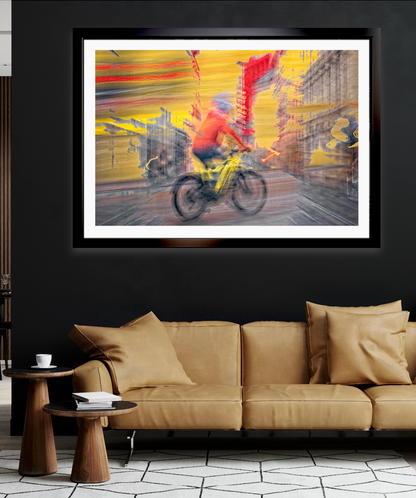 Racing Thoughts a cyclist riding through Oslo city streets — ICM photography cycling wall art print by Douglas Carr at Oslo Art Prints