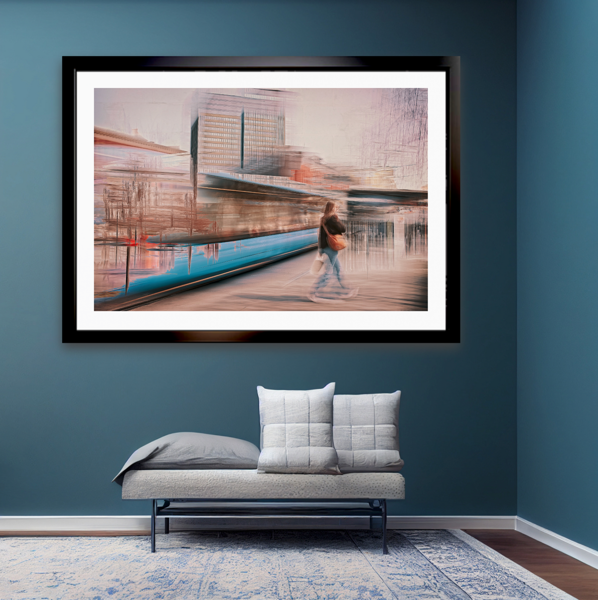Silenced Passing a person walking through Oslo city streets snd a passing tram— ICM photography cycling wall art print by Douglas Carr at Oslo Art Prints