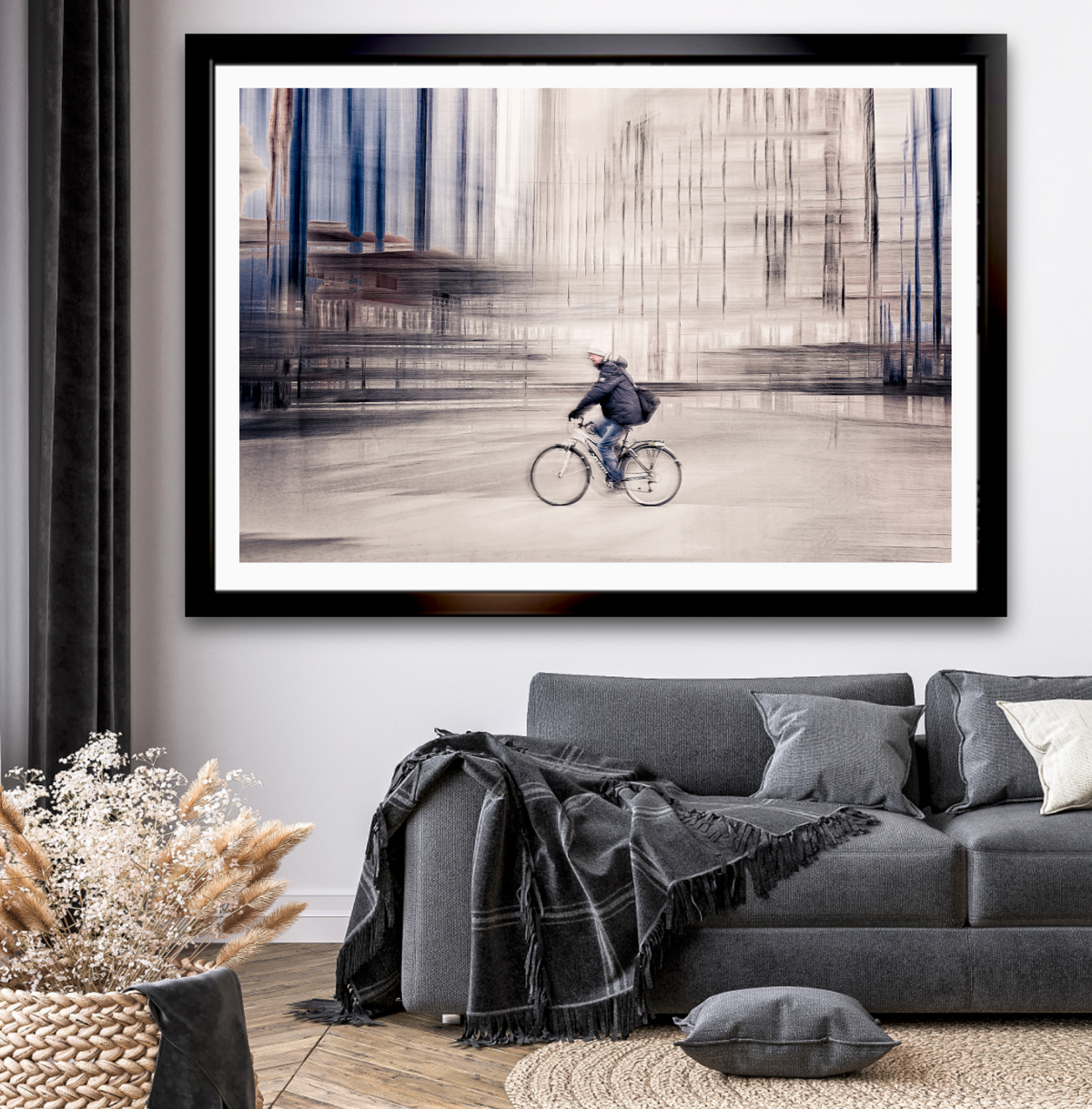 Silent Commuter, a cyclist riding through Oslo city streets — ICM photography cycling wall art print by Douglas Carr at Oslo Art Prints
