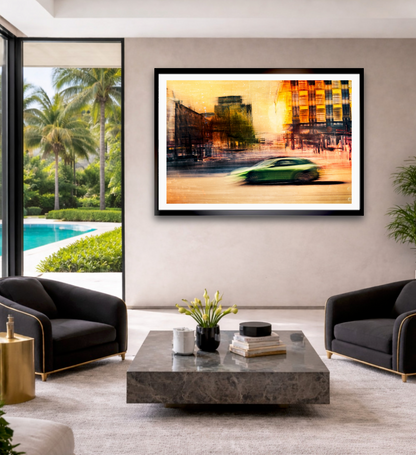 A Green German sport Porsche Panamera driving through Majorstuen Oslo Norway bathed in a golden yellow from the setting sun a fine art photography by Douglas Carr – Oslo Art Prints