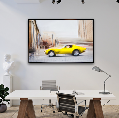 Automotive yellow vintage Corvette wall art print of a American Chevy Corvette - wall art prints art by Douglas Carr Photography
