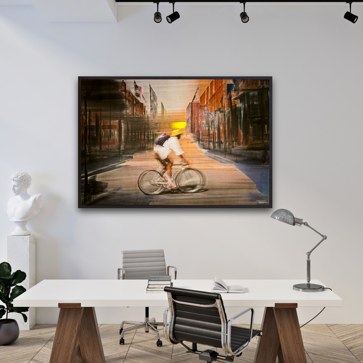Solar Eclipse, a cyclist riding through Oslo city streets — photography cycling wall art print by Douglas Carr