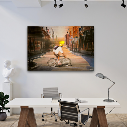 Solar Eclipse, a cyclist riding through Oslo city streets — photography cycling wall art print by Douglas Carr