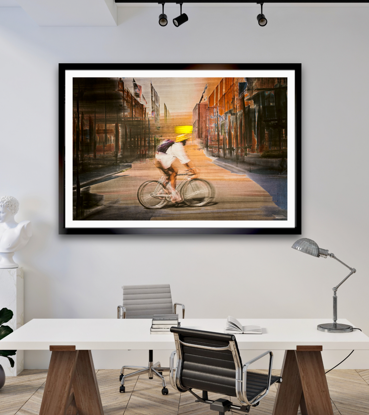 Solar Eclipse, a cyclist riding through Oslo city streets — photography cycling wall art print by Douglas Carr