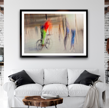 Passing Currents a cyclist riding through Oslo city streets — ICM photography cycling wall art print by Douglas Carr at Oslo Art Prints