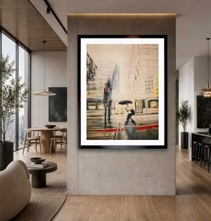 Red Carpet a person walking with a umbrella in the rain  through Barcode Oslo city — ICM photography cycling wall art print by Douglas Carr at Oslo Art Prints