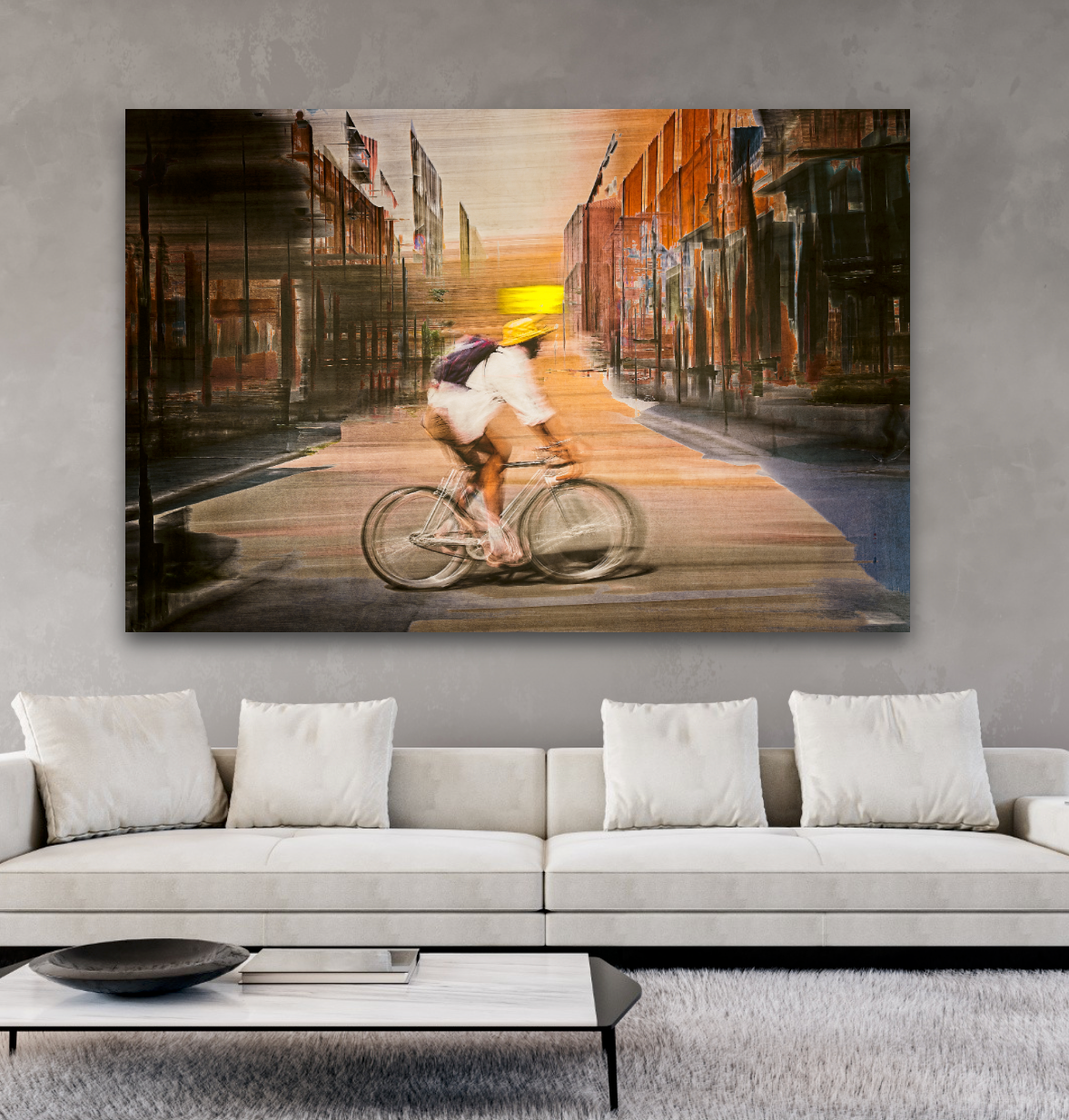 Solar Eclipse, a cyclist riding through Oslo city streets — photography cycling wall art print by Douglas Carr