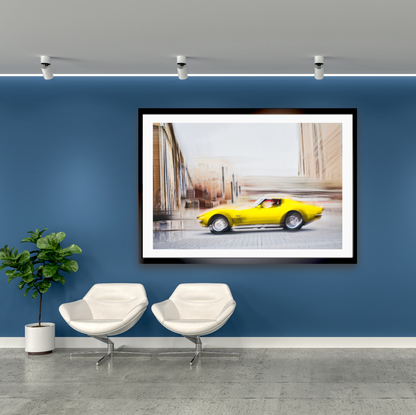 Automotive yellow vintage Corvette wall art print of a American Chevy Corvette - wall art prints art by Douglas Carr Photography