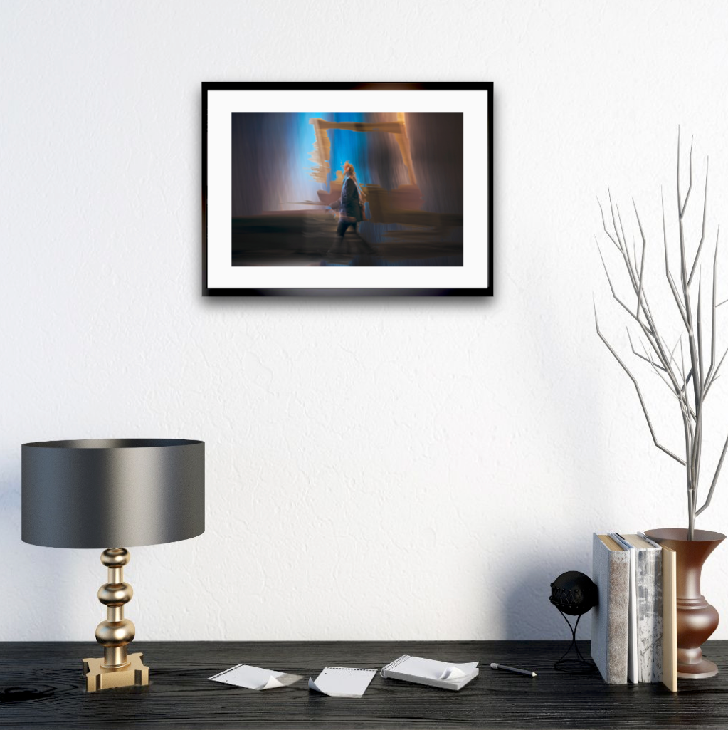 Between Light and Motion a man walking through Oslo city streets at night — ICM photography cycling wall art print by Douglas Carr at Oslo Art Prints