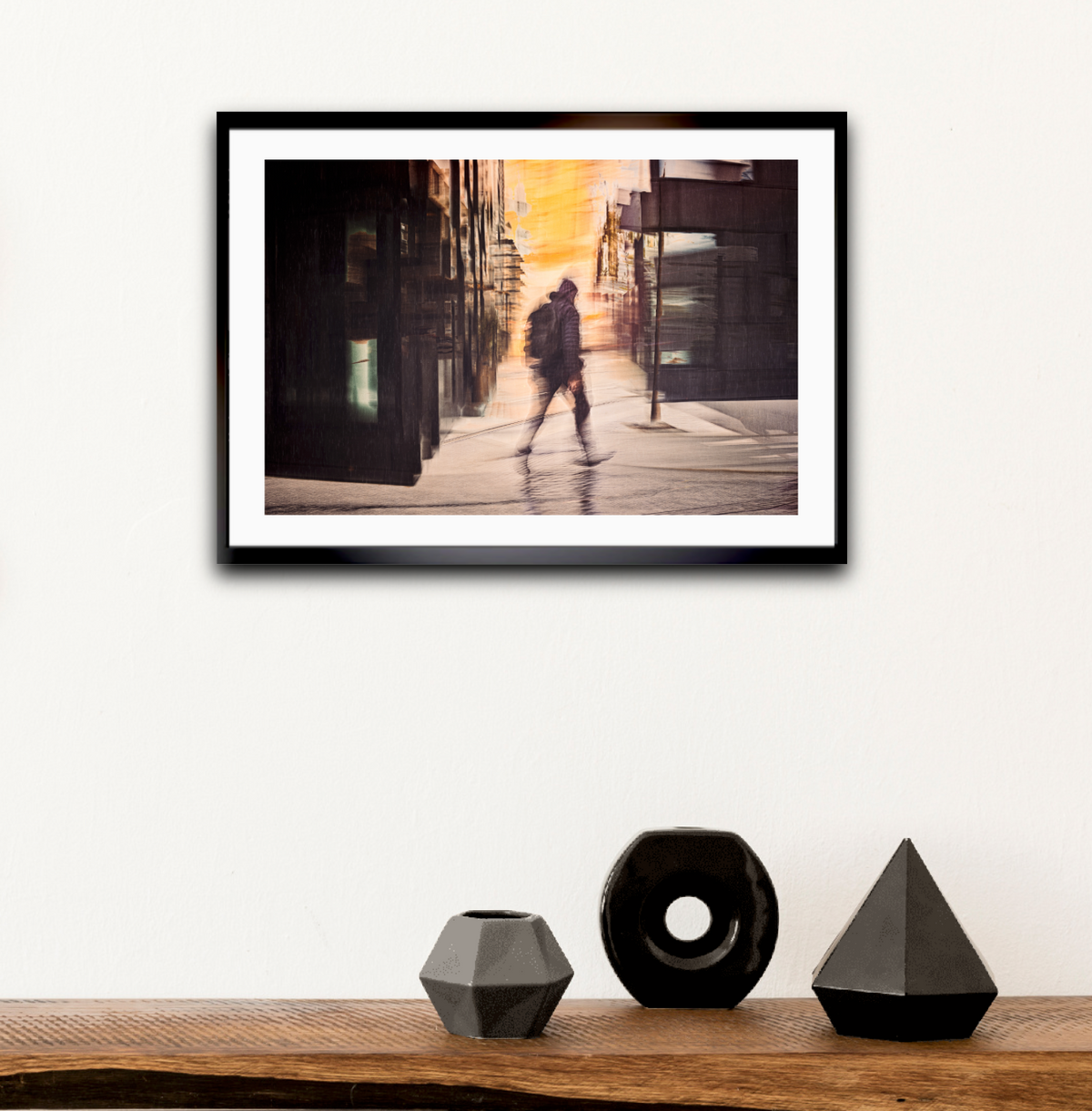 Between Seasons a person walking through Oslo city streets in Barcode  — ICM photography cycling wall art print by Douglas Carr at Oslo Art Prints