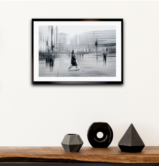 Blurred Intentions a person walking down Karl Johan in Oslo city towards Oslo train station  — Black & White ICM photography cycling wall art print by Douglas Carr at Oslo Art Prints