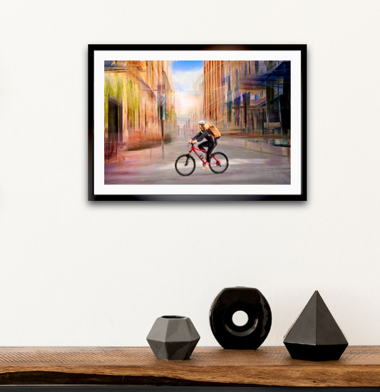 Chasing Light, a cyclist riding through Oslo city streets — ICM photography cycling wall art print by Douglas Carr at Oslo Art Prints
