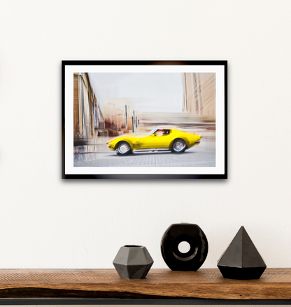 Automotive yellow vintage Corvette wall art print of a American Chevy Corvette - wall art prints art by Douglas Carr Photography