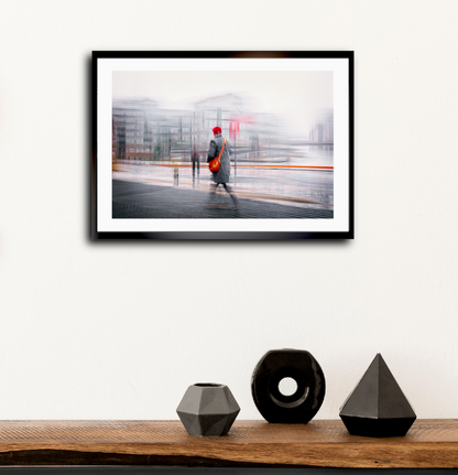 Crimson Passage a man walking through Oslo Bjørvika — ICM photography cycling wall art print by Douglas Carr at Oslo Art Prints