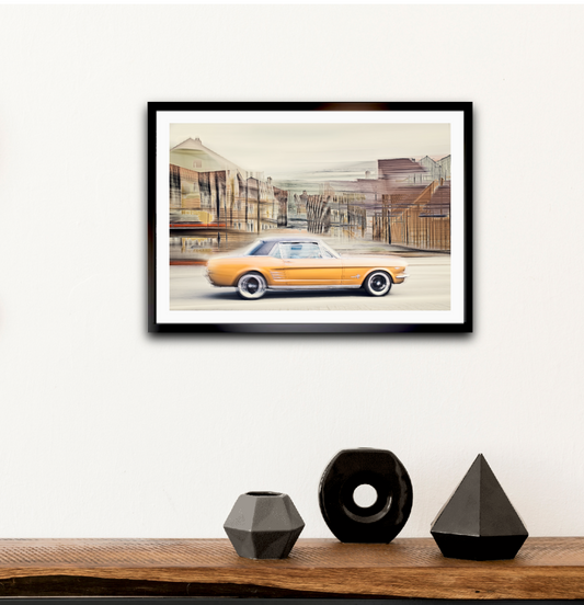 Automotive Limited Edition wall art print of American classic Golden Nugget Ford Mustang motor car by Douglas Carr at Oslo Art Prints