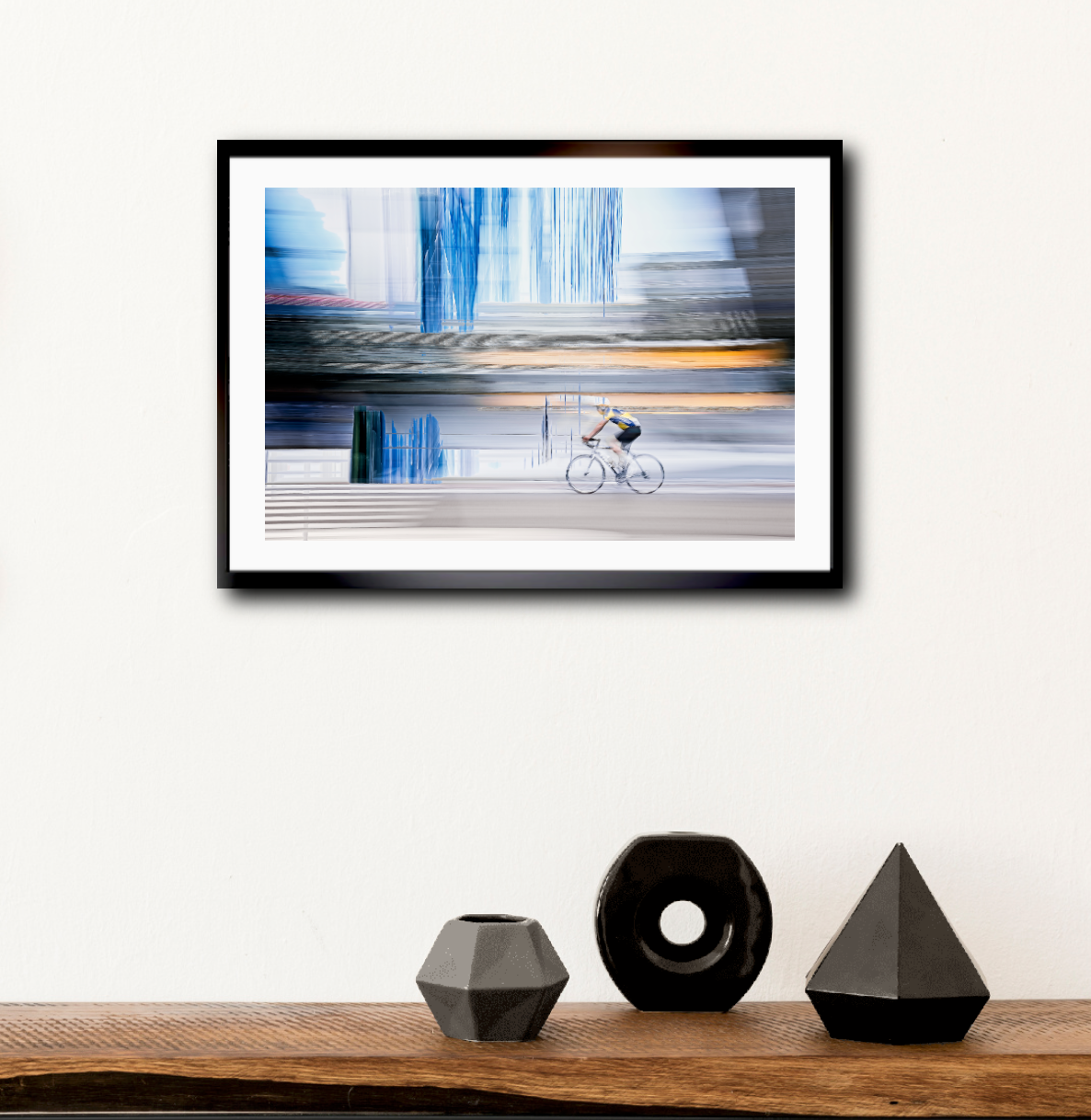 Linear Escape, a cyclist riding through Oslo city streets — ICM photography cycling wall art print by Douglas Carr at Oslo Art Prints