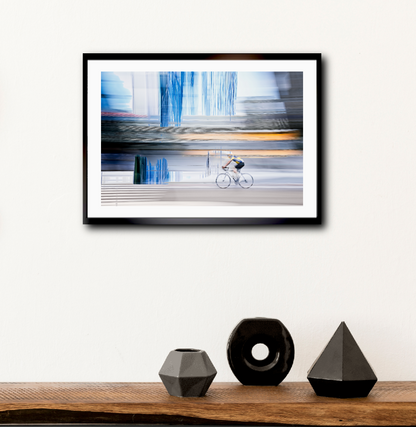 Linear Escape, a cyclist riding through Oslo city streets — ICM photography cycling wall art print by Douglas Carr at Oslo Art Prints