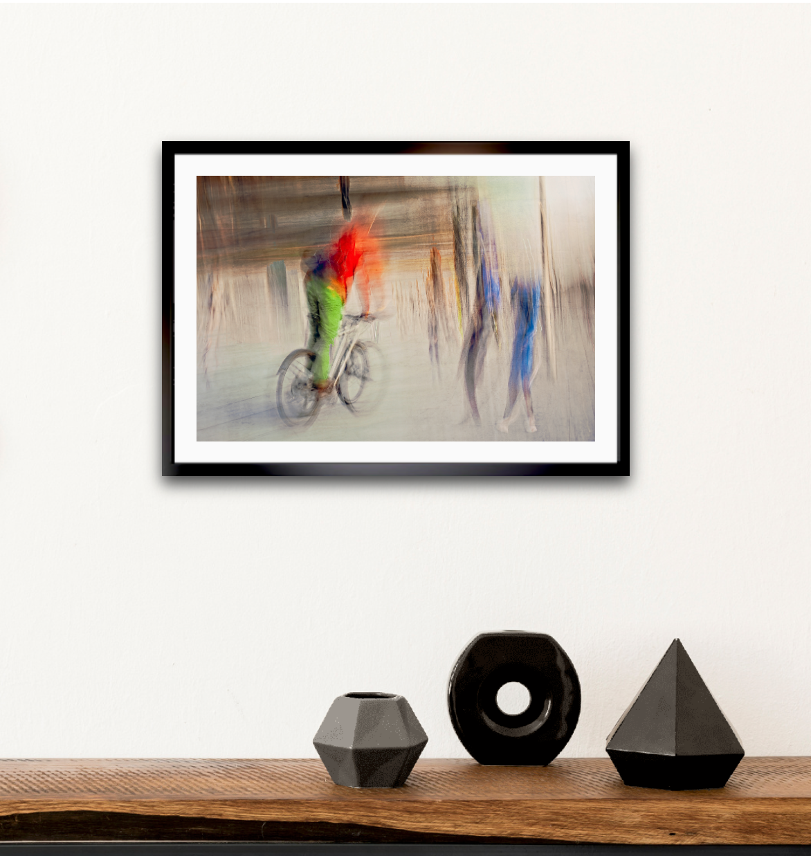 Passing Currents a cyclist riding through Oslo city streets — ICM photography cycling wall art print by Douglas Carr at Oslo Art Prints