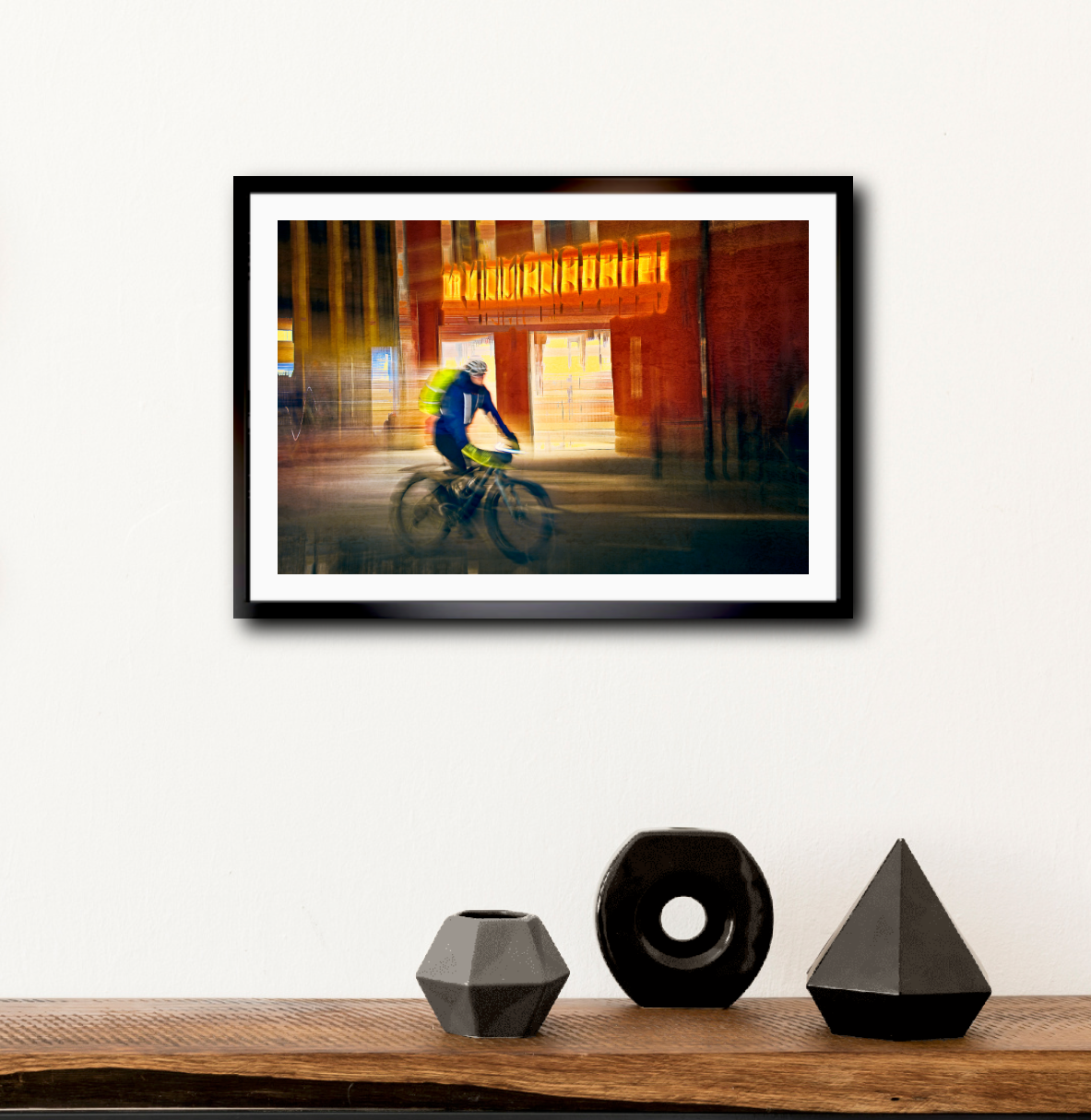 Passing Neon, a cyclist riding through Oslo city streets — ICM photography cycling wall art print by Douglas Carr at Oslo Art Prints