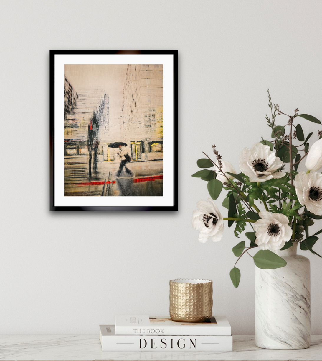 Red Carpet a person walking with a umbrella in the rain  through Barcode Oslo city — ICM photography cycling wall art print by Douglas Carr at Oslo Art Prints