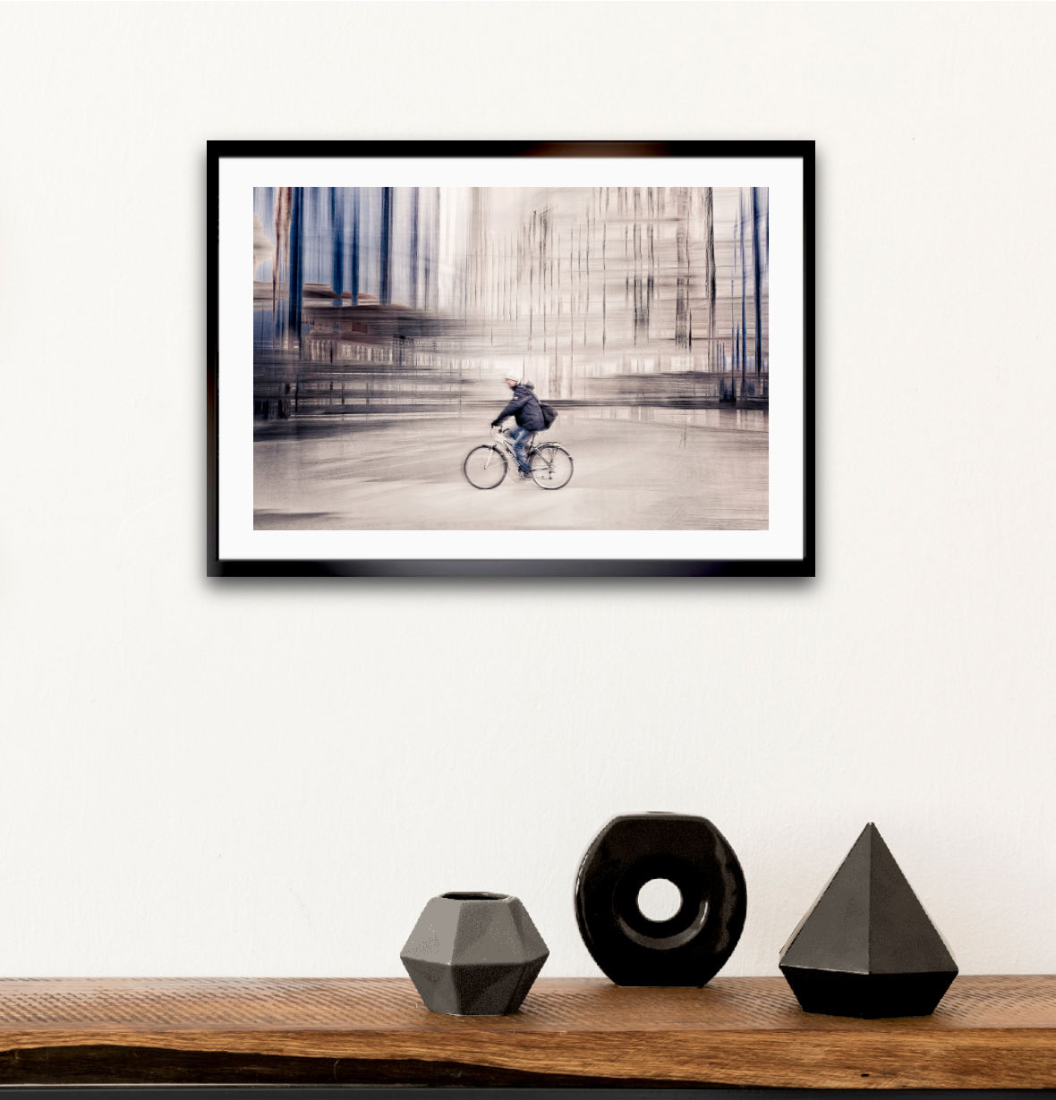 Silent Commuter, a cyclist riding through Oslo city streets — ICM photography cycling wall art print by Douglas Carr at Oslo Art Prints