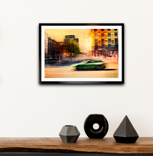 A Green German sport Porsche Panamera driving through Majorstuen Oslo Norway bathed in a golden yellow from the setting sun a fine art photography by Douglas Carr – Oslo Art Prints